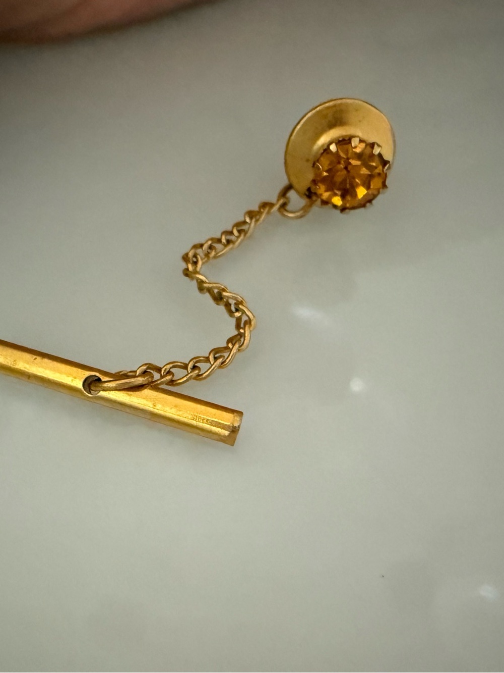 Mid Century Gold Topaz Crystal Tie Pin with Anchor Chain
